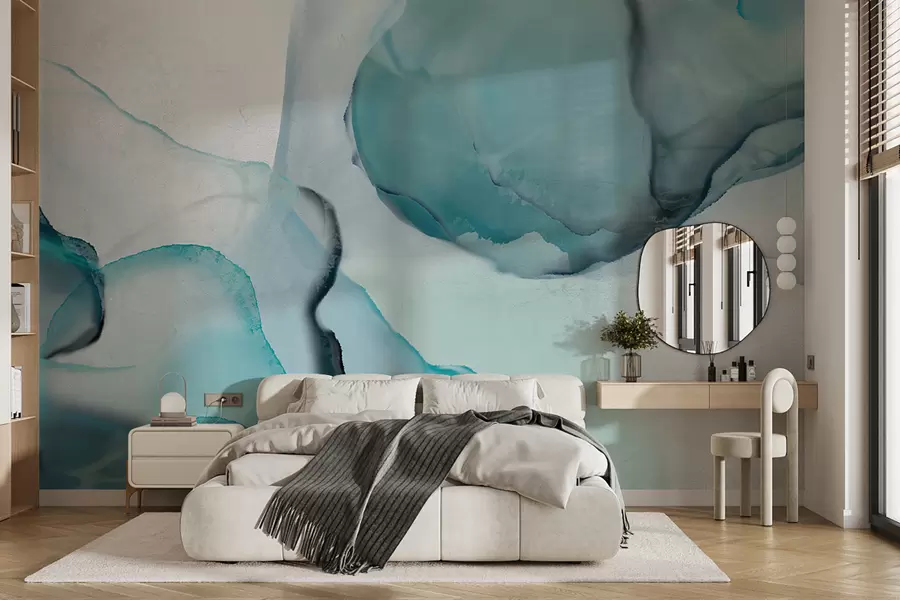 Fotobehang Abstracte blauwe en witte vloeiende kunst, die lijkt op stromend water en inkt w07927