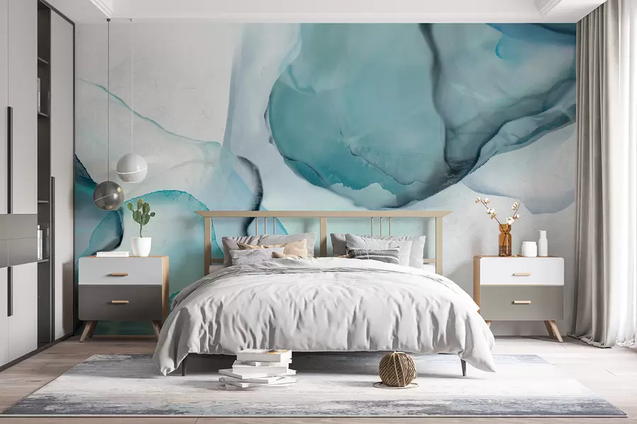 Fotobehang Abstracte blauwe en witte vloeiende kunst, die lijkt op stromend water en inkt w07927