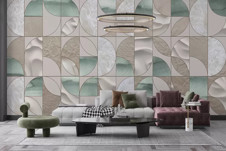 Fotobehang Een geometrisch patroon van groene, beige en witte texturen gerangschikt in een herhalend abstract ontwerp w07928