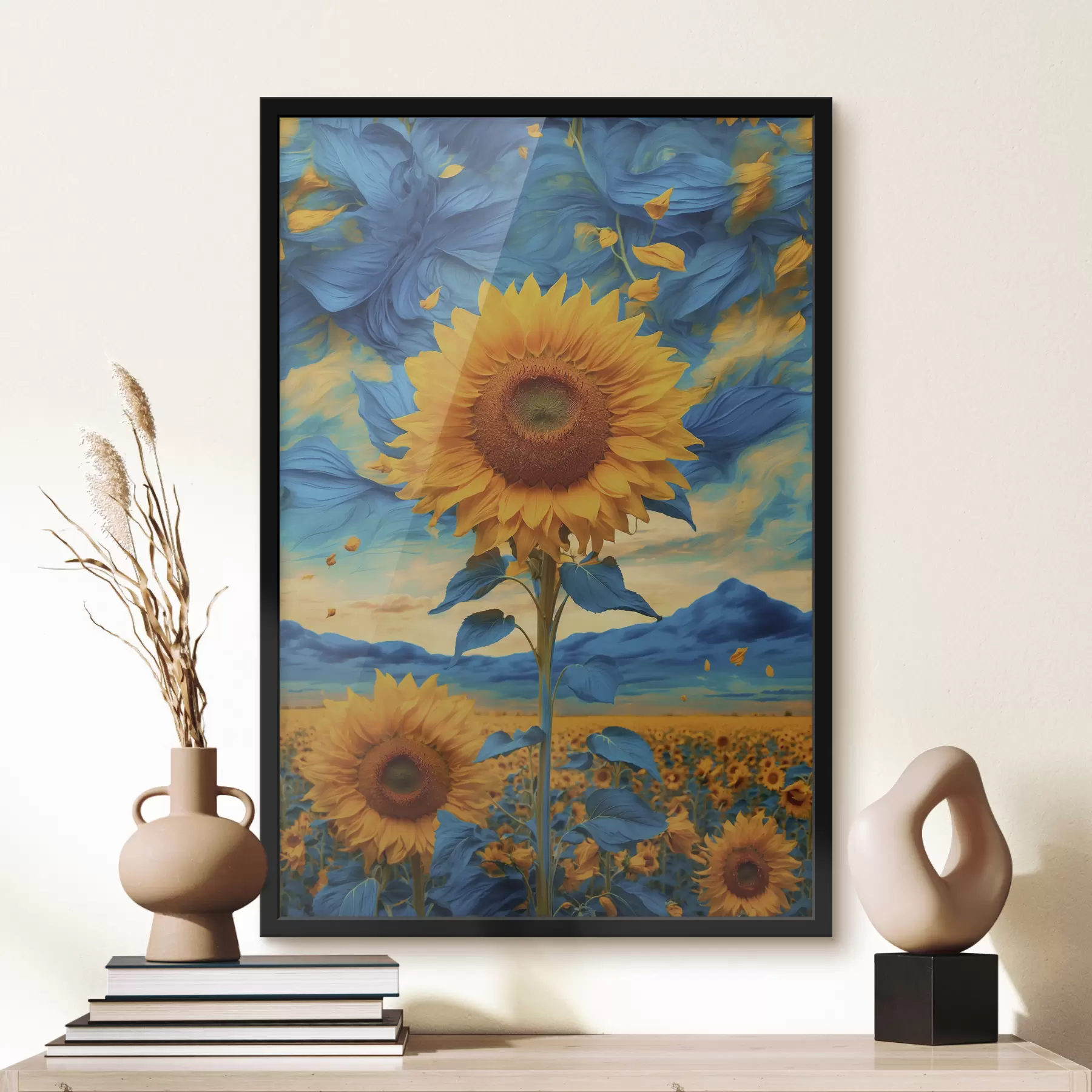 Fotobehang Veld met zonnebloemen over abstracte hemel f39367