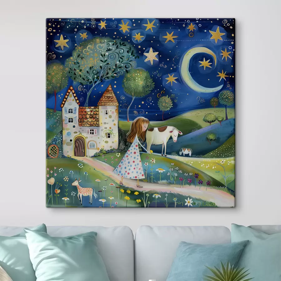 Peintures Une petite princesse, un chien, une vache et une maison fantastique sous les étoiles dans un style artistique naïf fantaisiste s39451