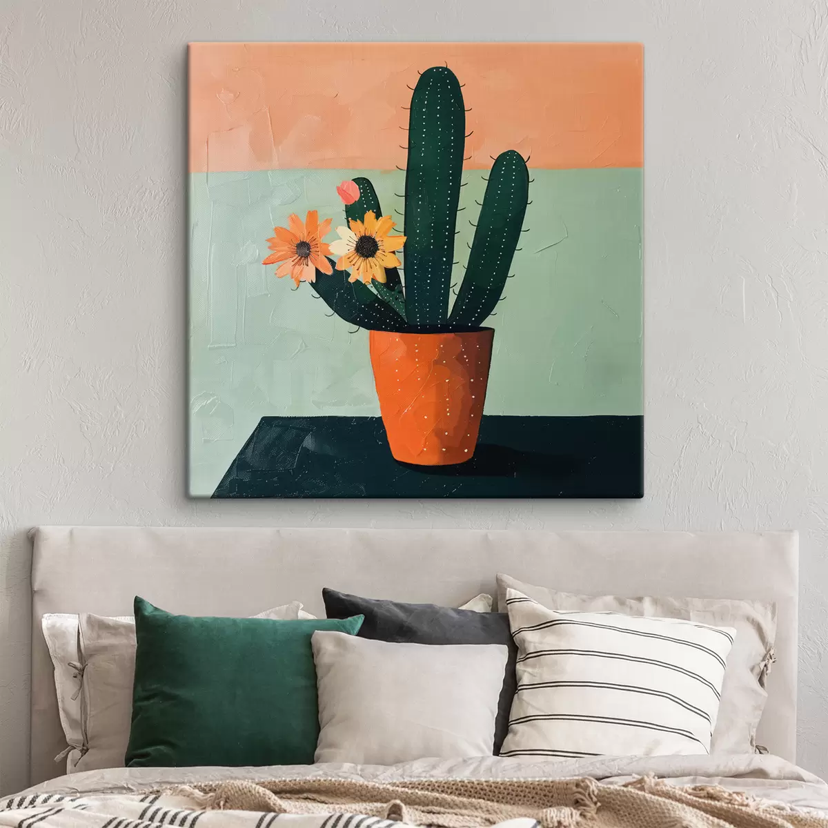  Schilderijen Een minimalistisch schilderij van een enkele cactus met bloemen in een krachtig kleurenpalet. s39452
