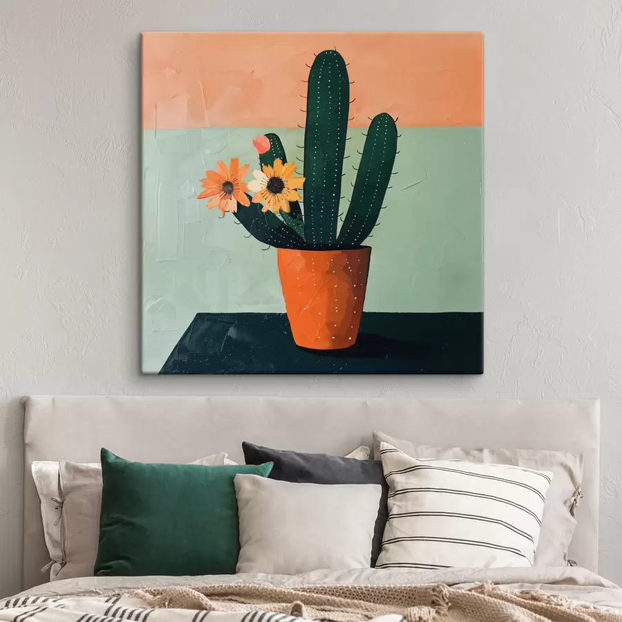  Schilderijen Een minimalistisch schilderij van een enkele cactus met bloemen in een krachtig kleurenpalet. s39452