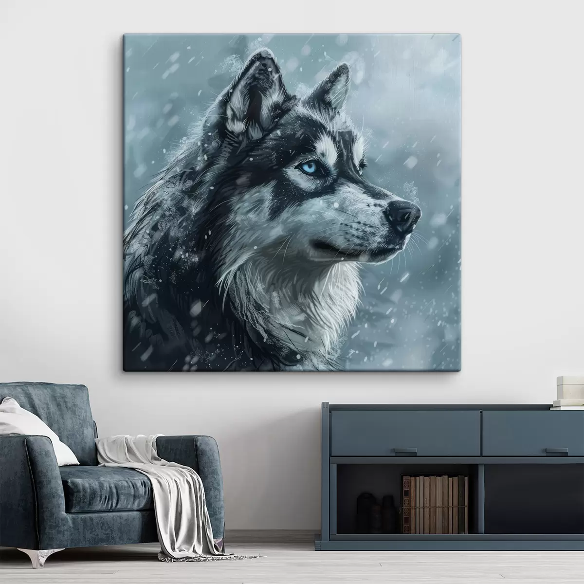  Schilderijen Husky met blauwe ogen tegen winterblauwe achtergrond s39462