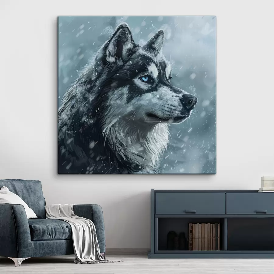  Peintures Husky aux yeux bleus sur fond bleu hiver s39462