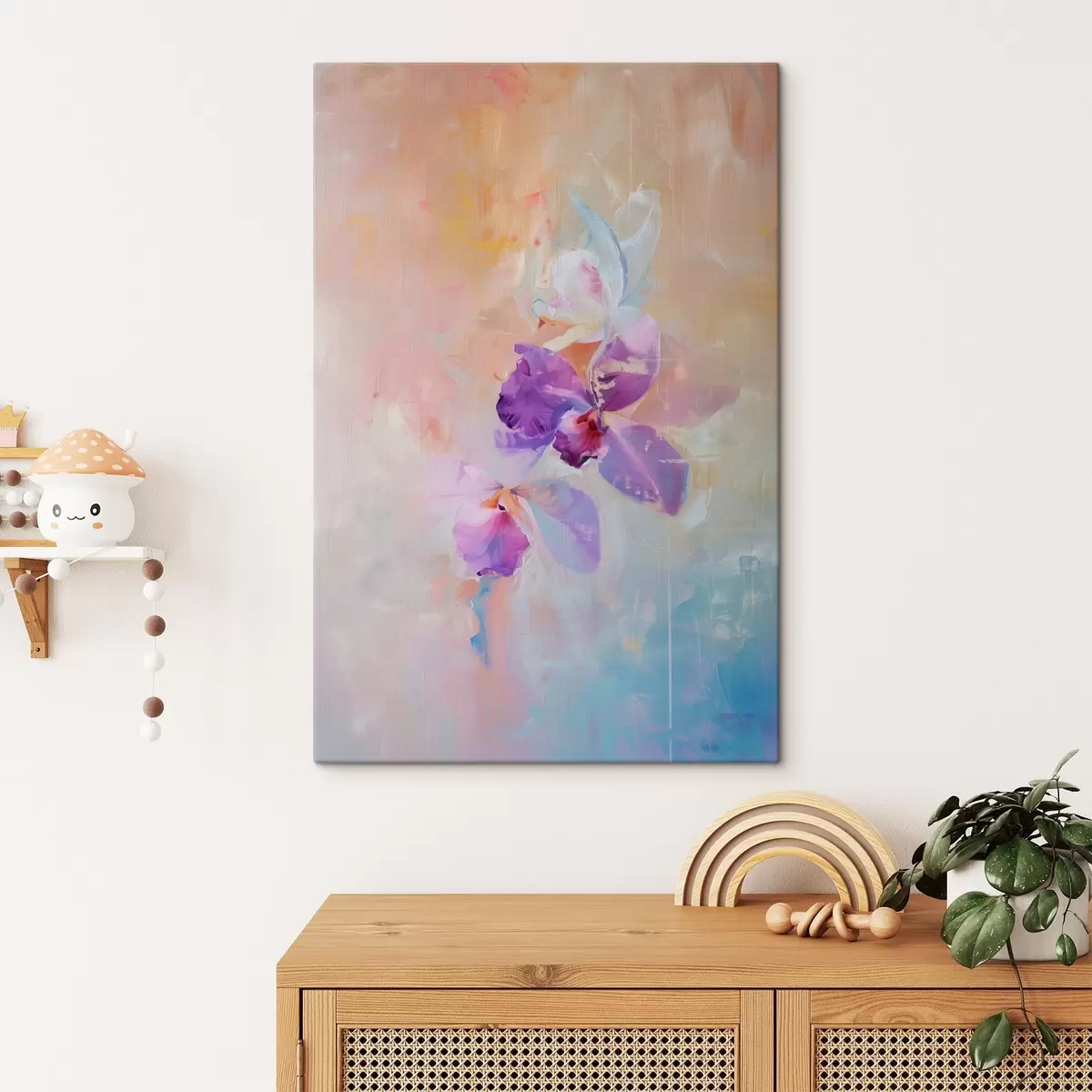  Schilderijen Impressionistisch schilderij van orchidee, lichte pastelkleuren, semi-abstracte botanische print, met neutrale achtergrond s39463