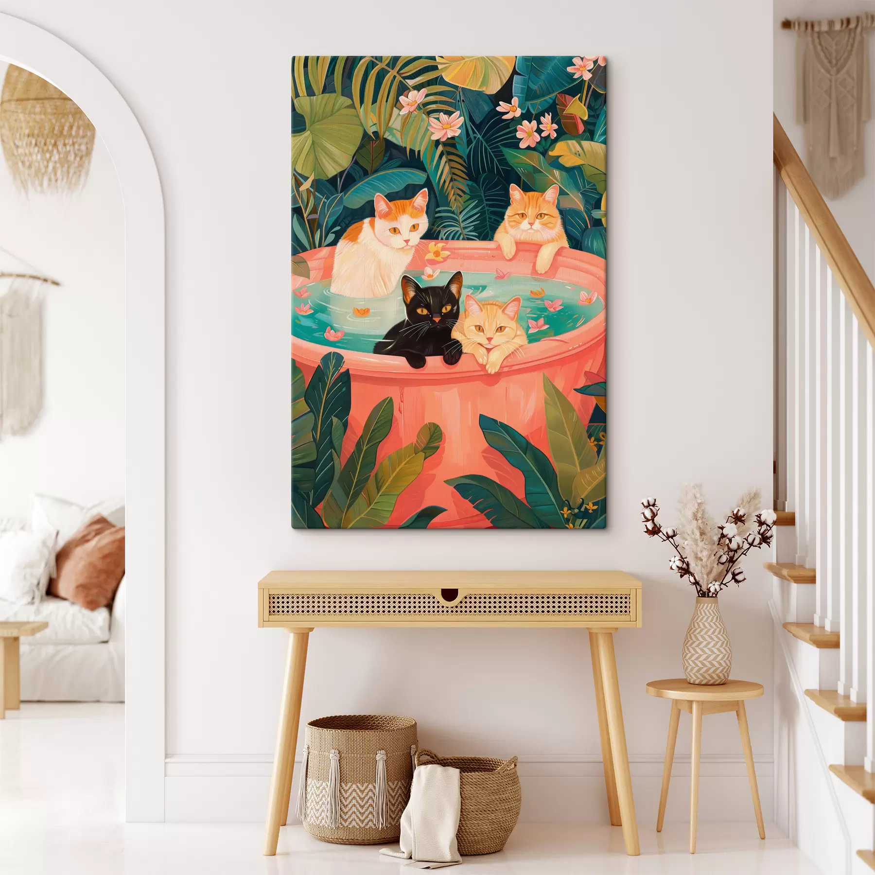 Fotobehang Katten in een roze bad met groene bladeren, jungle sfeer s39465