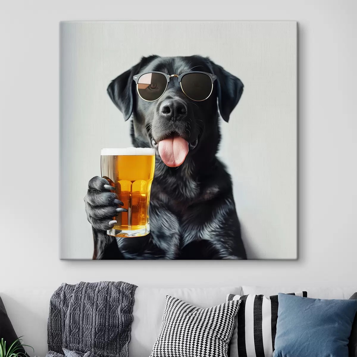  Peintures Portrait d'un labrador noir portant des lunettes de soleil et tenant une pinte de bière, regardant directement la caméra s39470