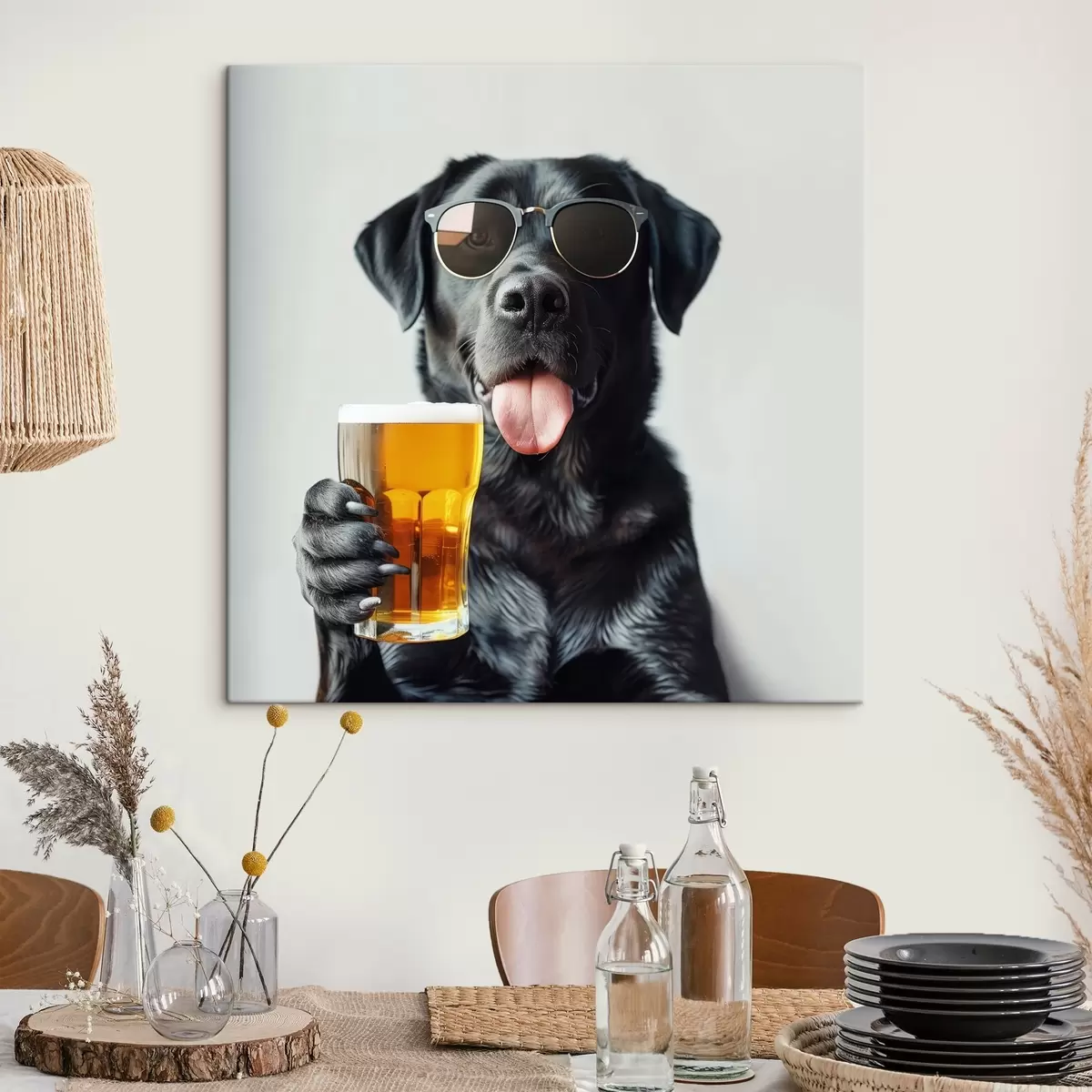  Schilderijen Portret van een zwarte labrador met een zonnebril en een pint bier in de hand, recht in de camera kijkend s39470