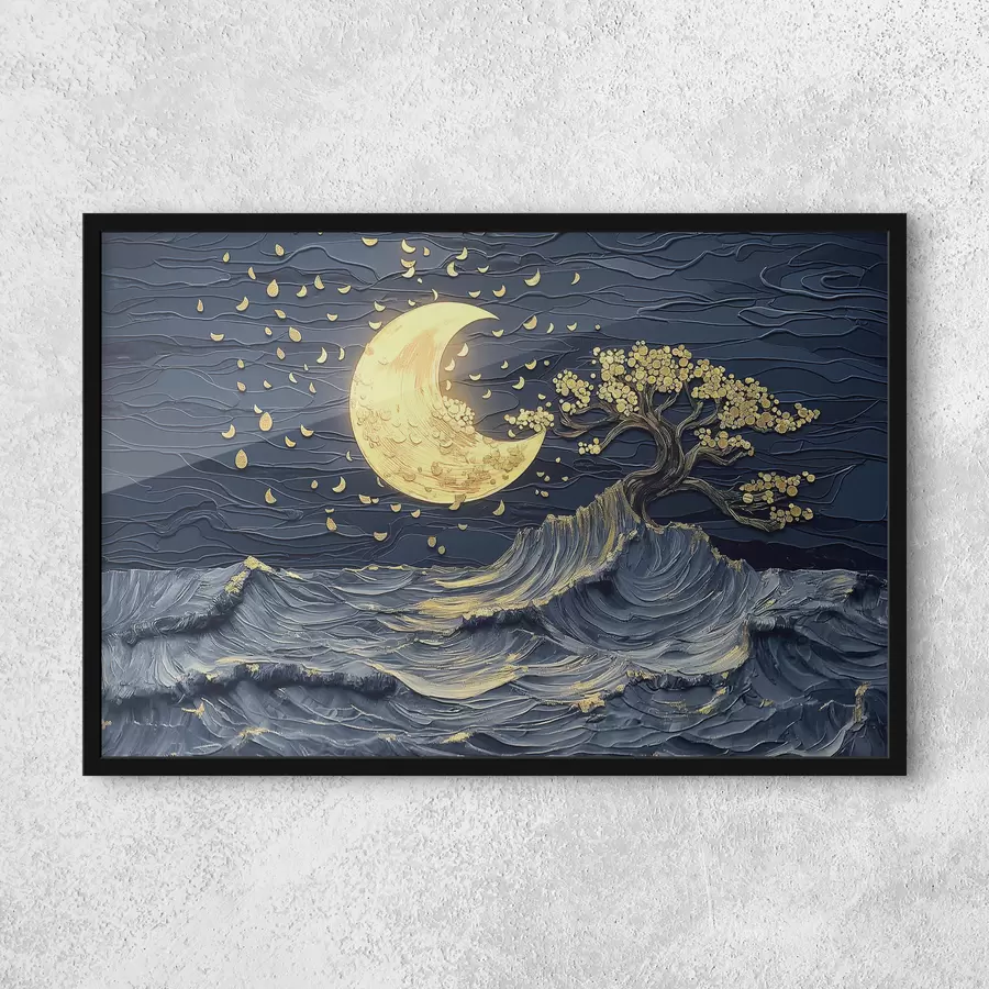 Fotobehang Acrylschilderij: romantische zeegezichten met gevallen bladeren en maanlichtreflecties f39449