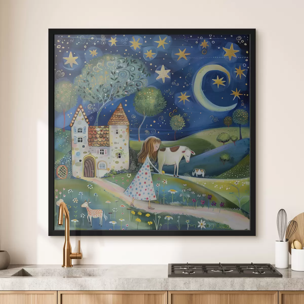 Affiche Une petite princesse, un chien, une vache et une maison fantastique sous les étoiles dans un style artistique naïf fantaisiste f39451