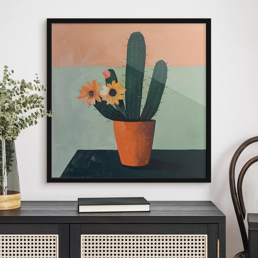 Fotobehang Een minimalistisch schilderij van een enkele cactus met bloemen in een krachtig kleurenpalet. f39452