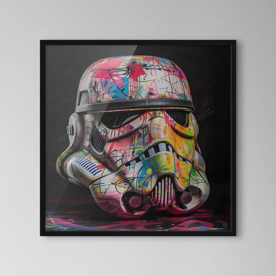 Papier peint photo Un casque de stormtrooper Star Wars couvert de street art et de graffitis vibrants f39453
