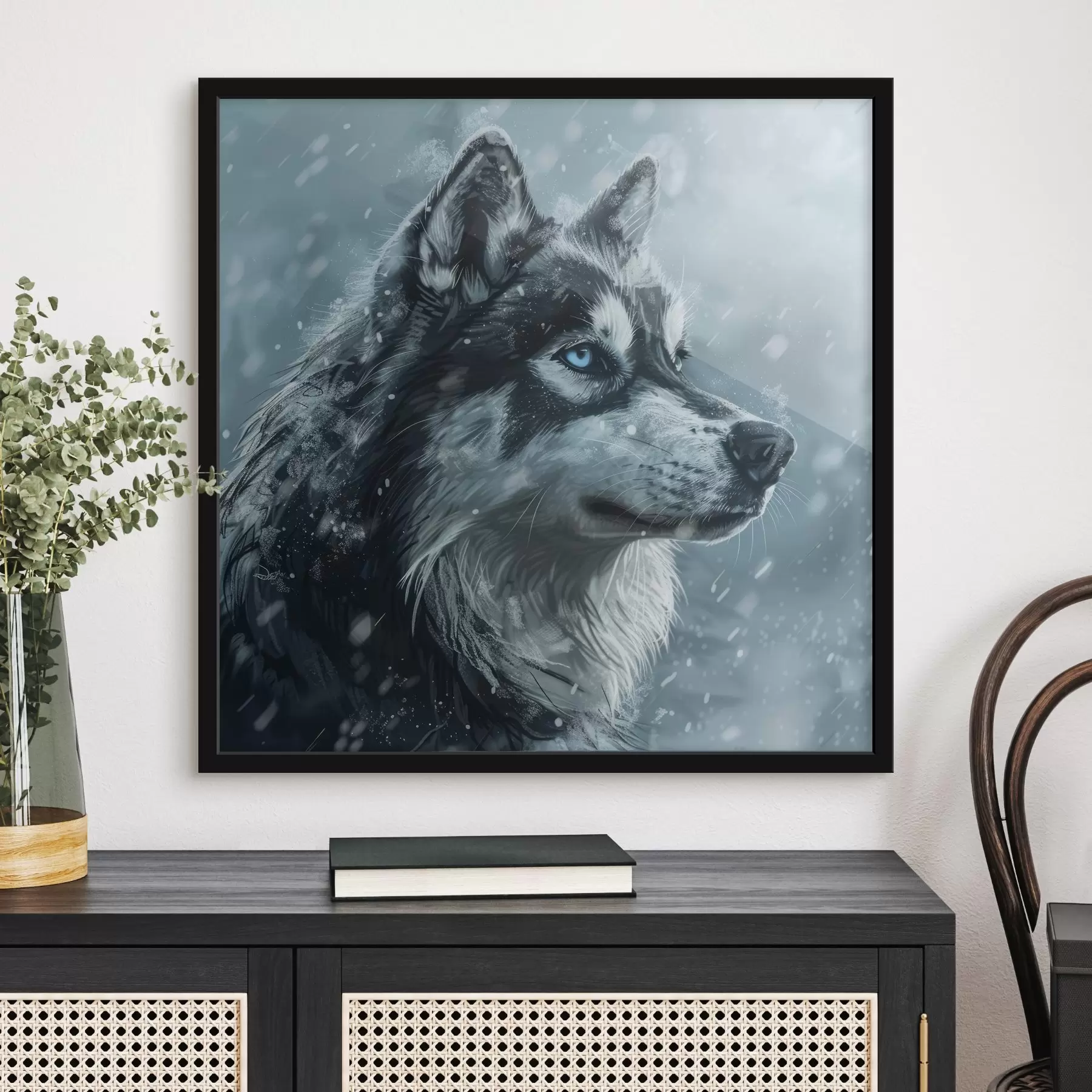  Schilderijen Husky met blauwe ogen op een winterblauwe achtergrond f39462