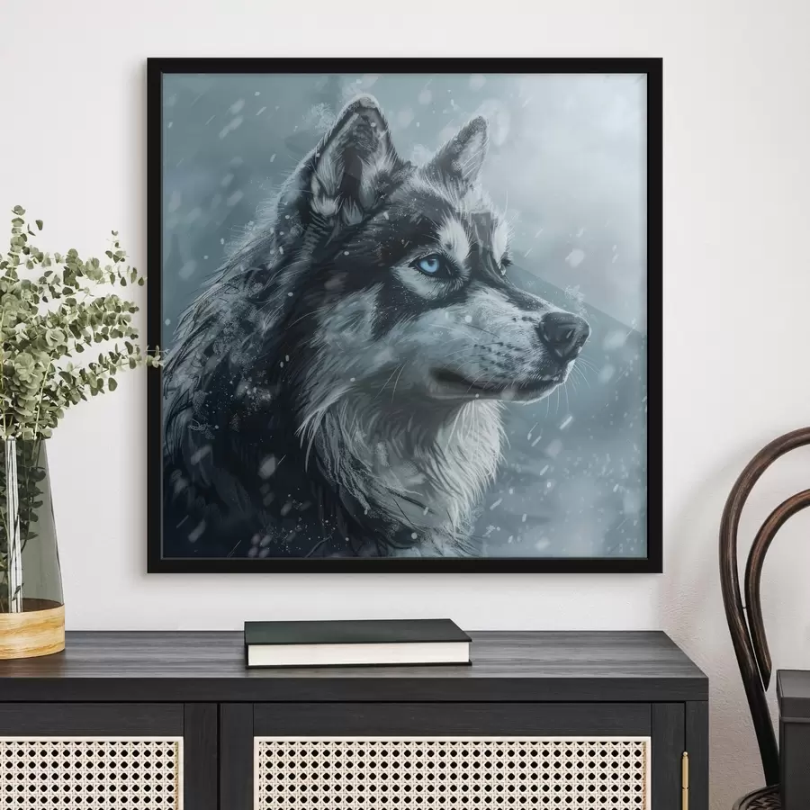 Fotobehang Husky met blauwe ogen op een winterblauwe achtergrond f39462