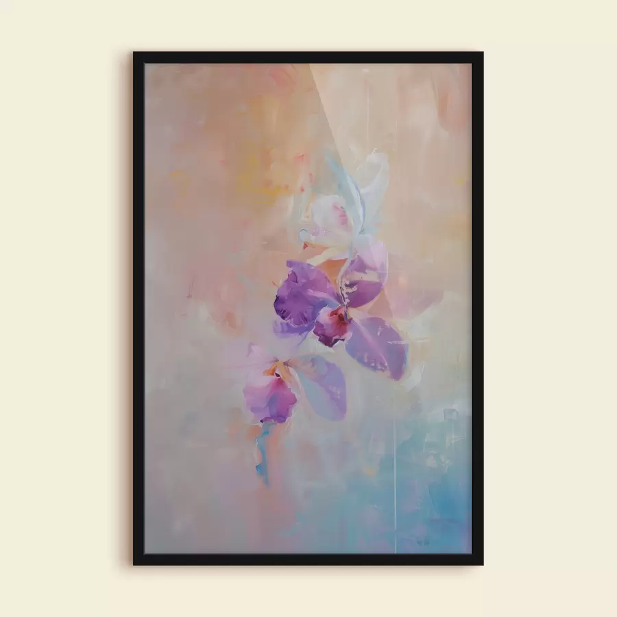 Fotobehang Impressionistisch schilderij van orchidee, lichte pastelkleuren, semi-abstracte botanische print, met neutrale achtergrond f39463