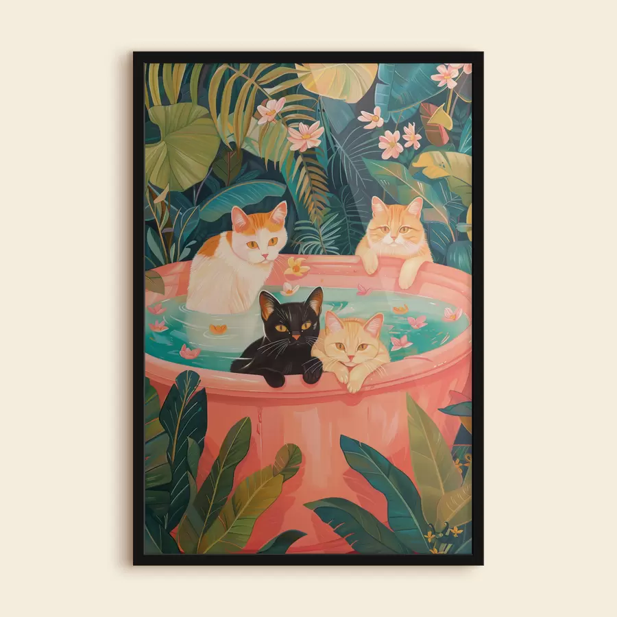 Fotobehang Katten in een roze bad met groene bladeren, jungle sfeer f39465