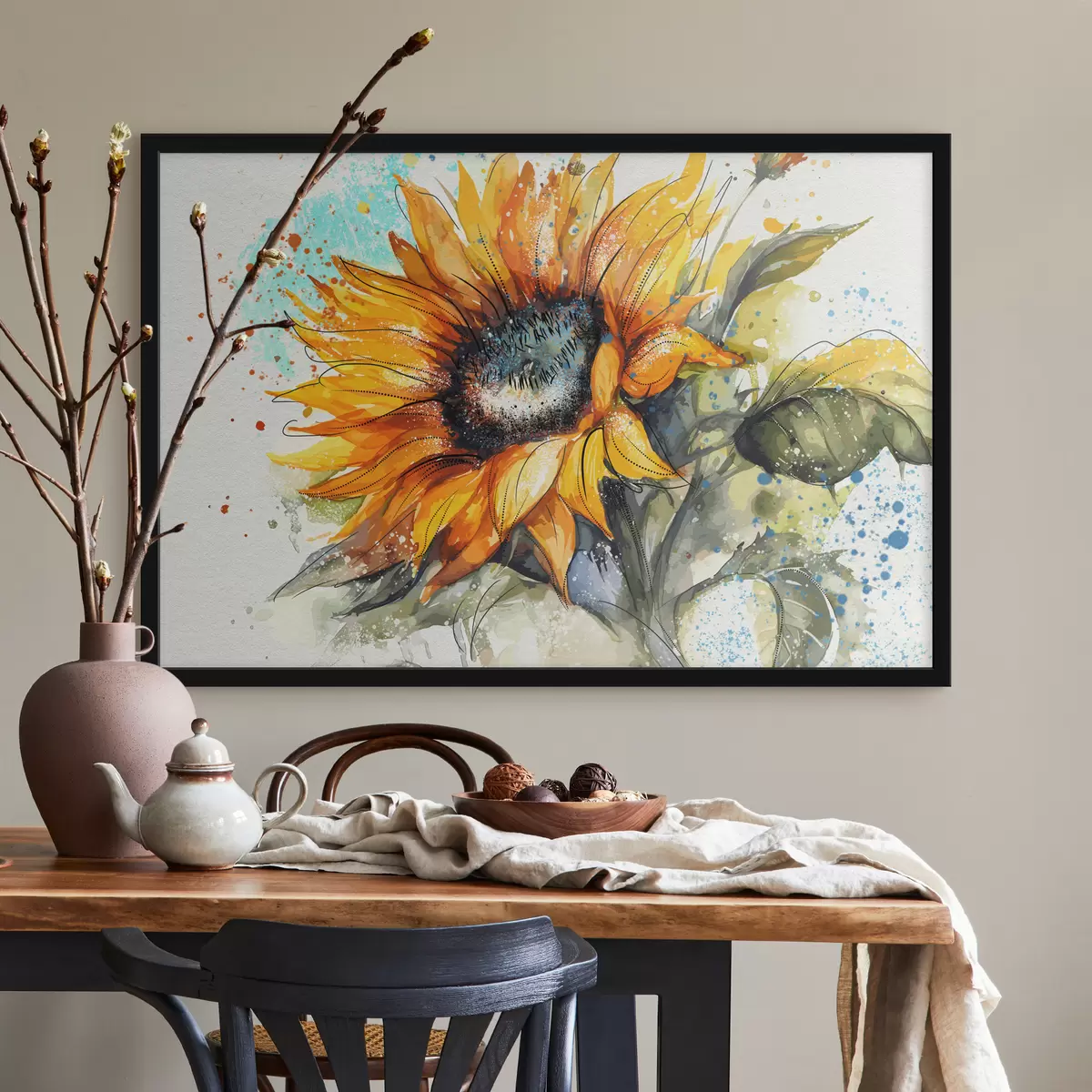 Poster Aquarel zonnebloem met spatten verf f39583