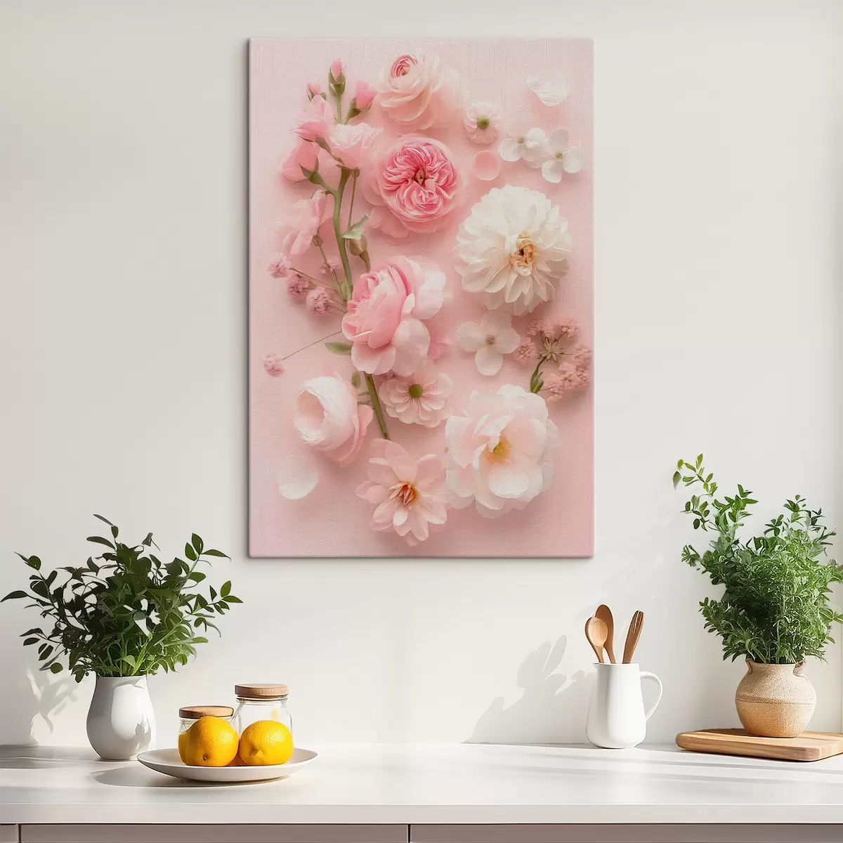  Schilderijen Weelderige bloemen op een roze achtergrond s39576