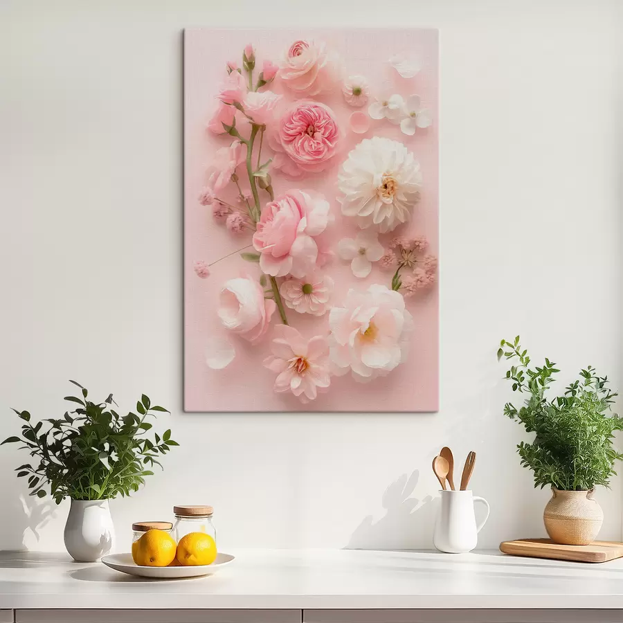  Schilderijen Weelderige bloemen op een roze achtergrond s39576