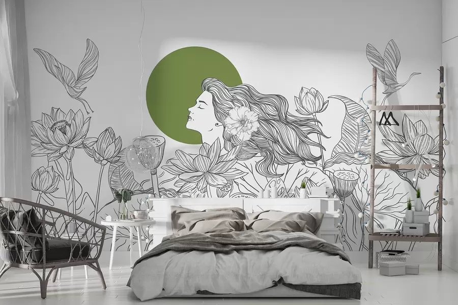 Papier peint photo Femme dans la nature, dessin au trait, fleurs de lotus, grandes feuilles, oiseaux volants, couleur grise et verte w07988v3
