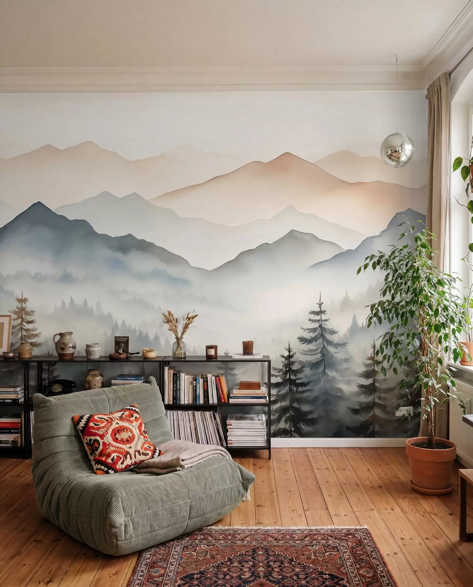 Fotobehang Bergketens tegen de bosaquarel w08024