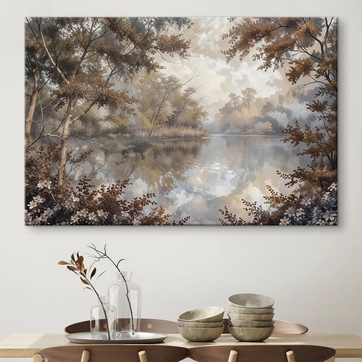  Peintures Paysage d'automne avec un lac calme entouré d'arbres au feuillage orange et jaune vif s39511