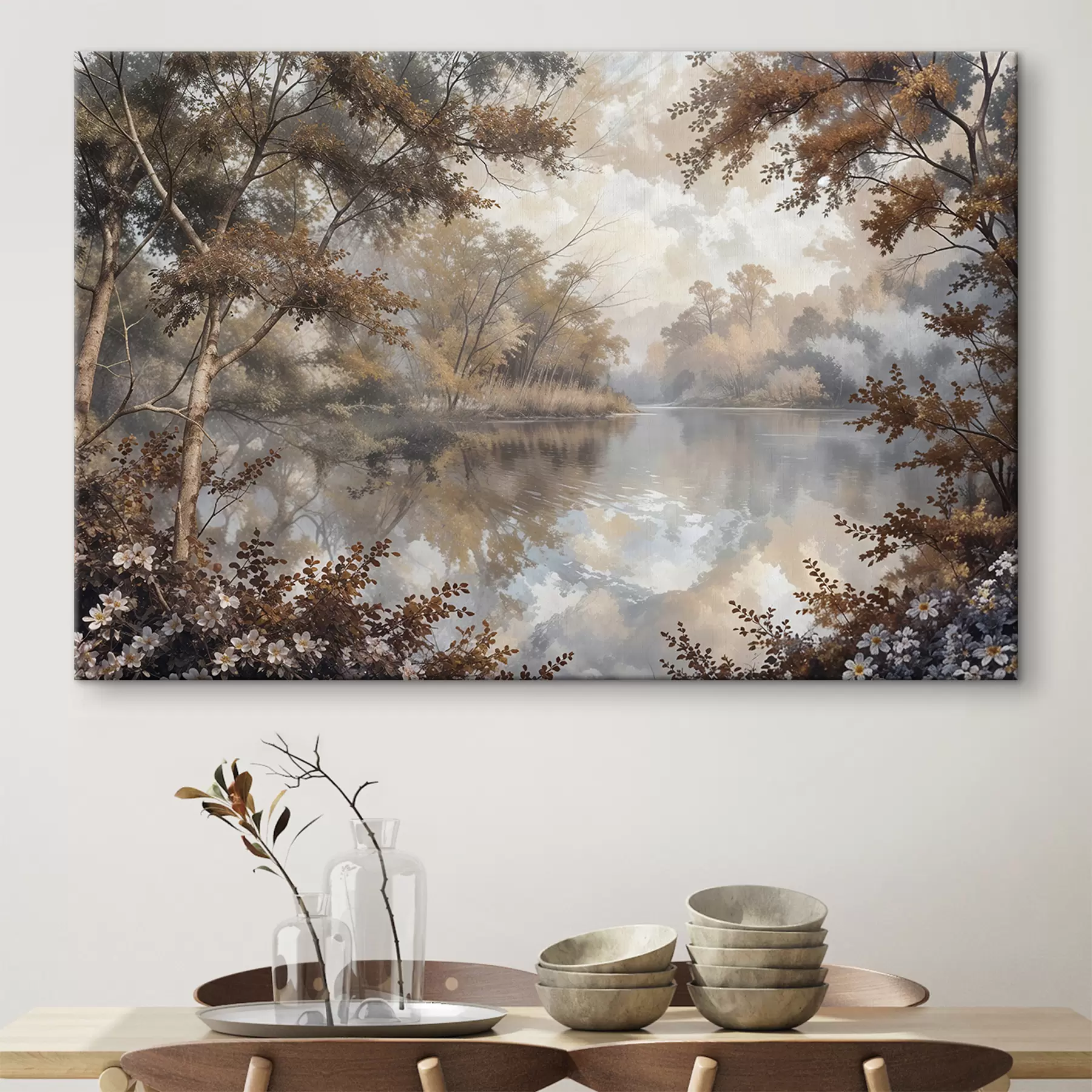 Papier peint photo Paysage d'automne avec un lac calme entouré d'arbres au feuillage orange et jaune vif s39511