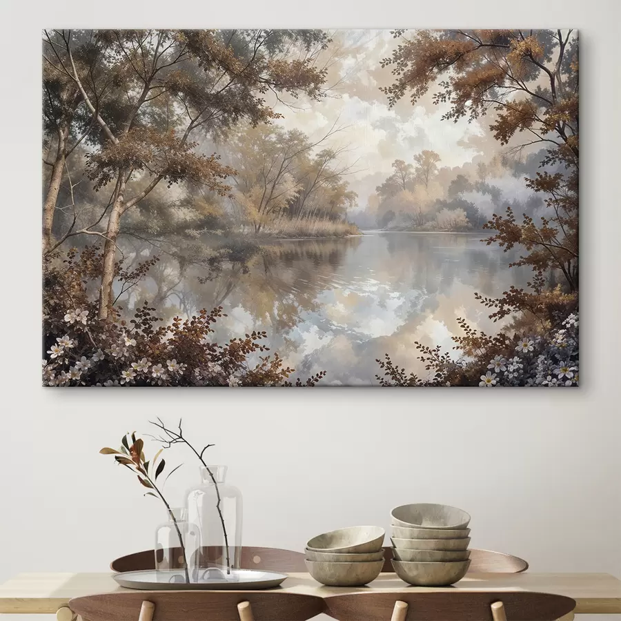  Schilderijen Herfstlandschap met een rustig meer omgeven door bomen met levendig oranje en geel blad s39511