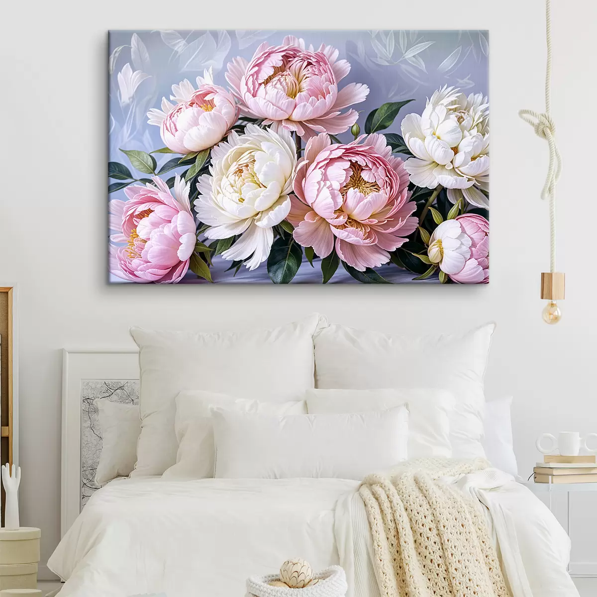  Peintures Un bouquet de grandes fleurs de pivoines roses et blanches luxuriantes avec des feuilles vertes sur un arrière-plan doux et flou s39514