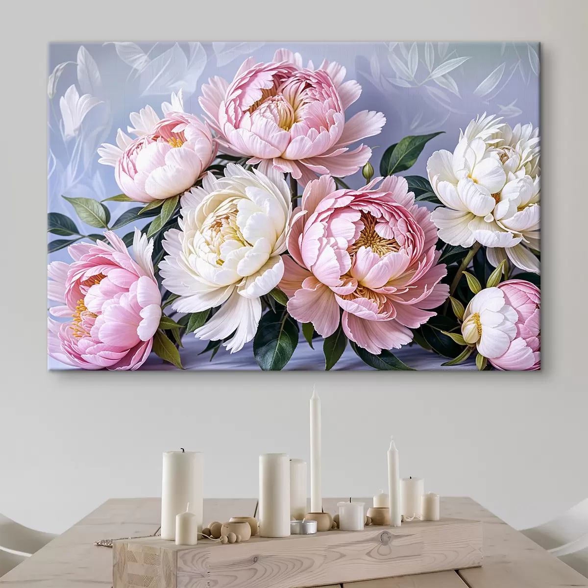  Peintures Un bouquet de grandes fleurs de pivoines roses et blanches luxuriantes avec des feuilles vertes sur un arrière-plan doux et flou s39514