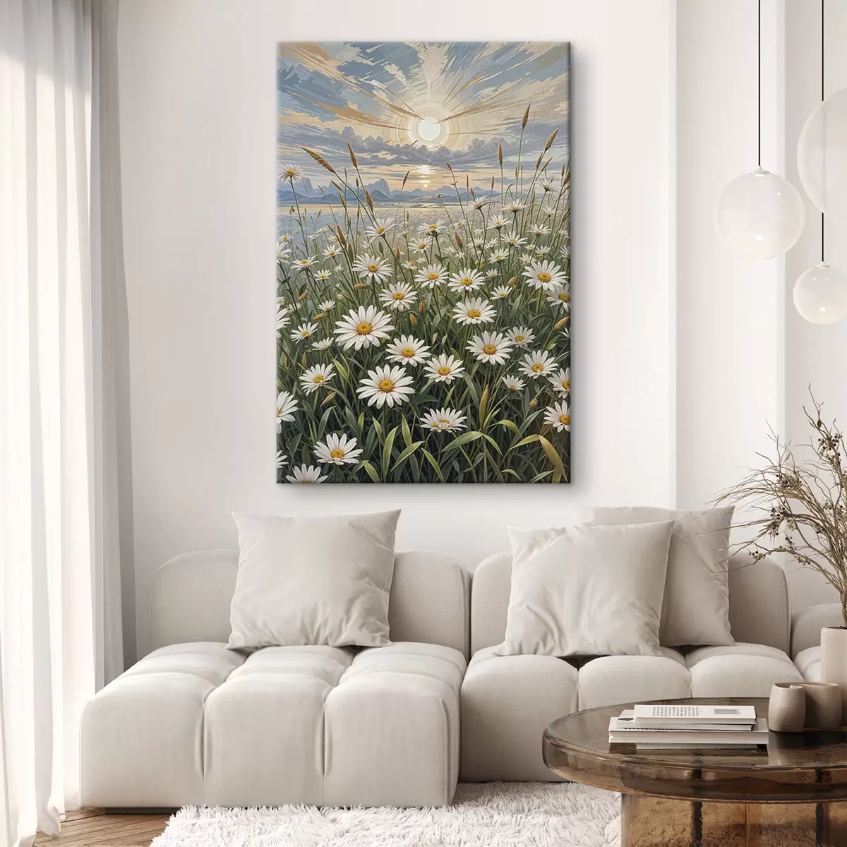  Schilderijen Een veld met witte margrietbloemen op de voorgrond met een landschap van bergen en een bewolkte hemel s39528