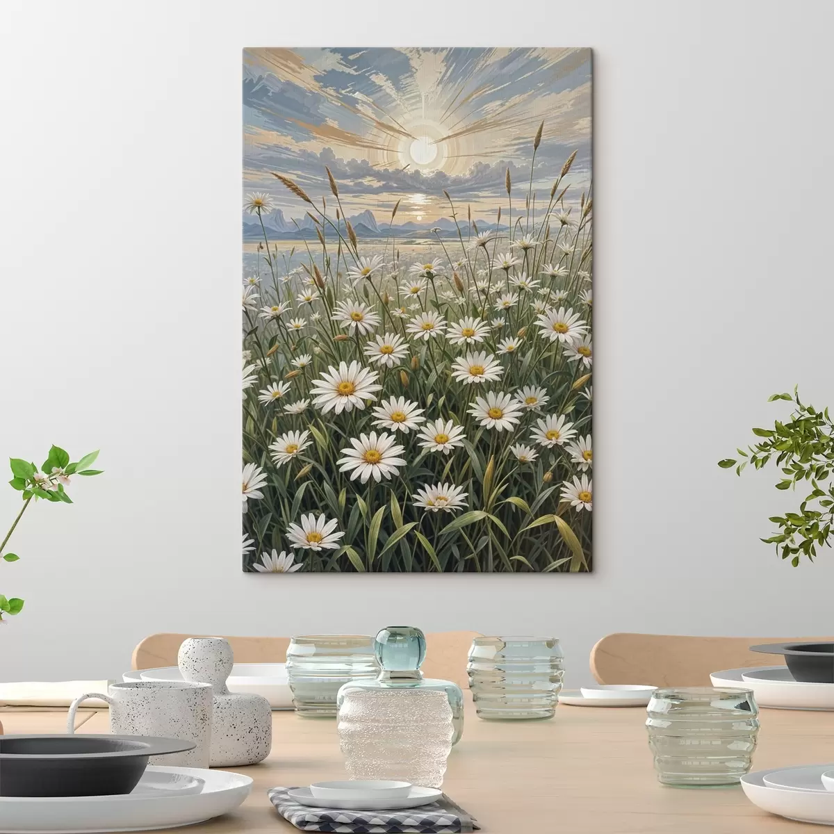  Schilderijen Een veld met witte margrietbloemen op de voorgrond met een landschap van bergen en een bewolkte hemel s39528