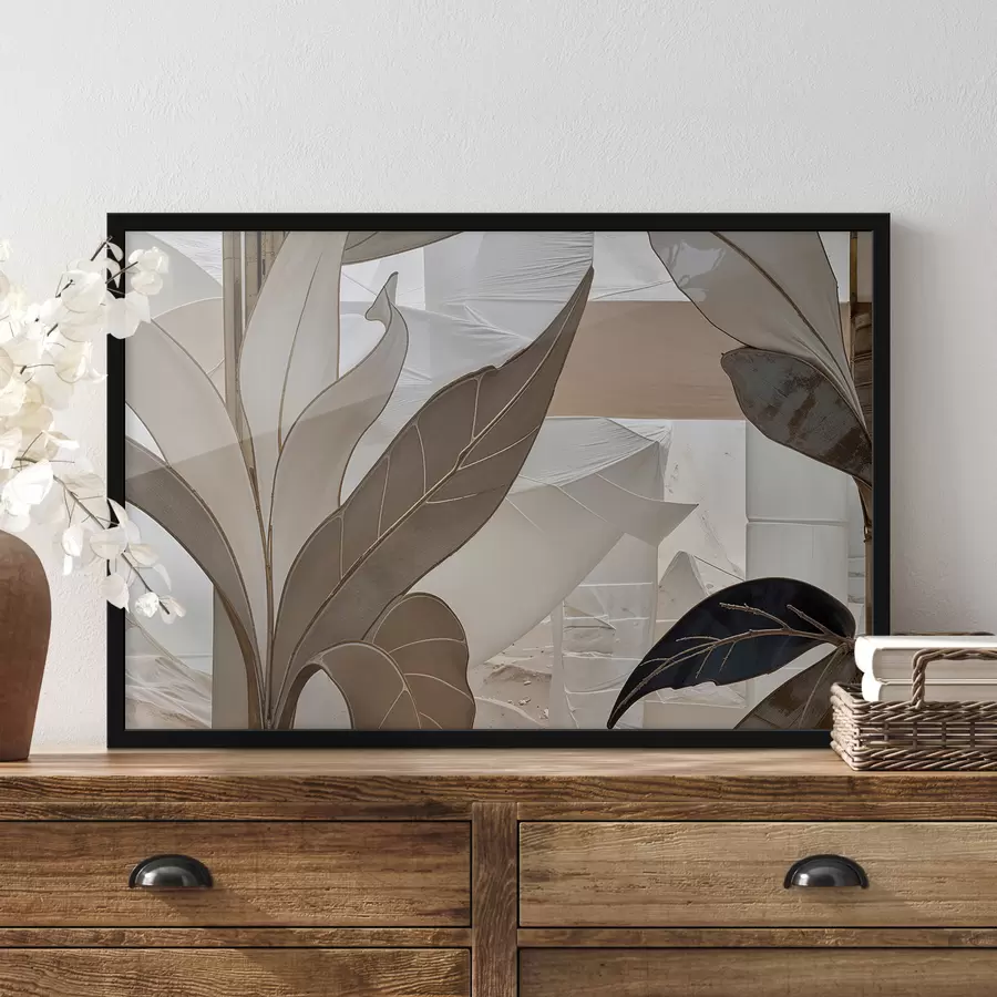 Fotobehang Een close-up van een abstract geometrisch patroon met overlappende vormen en texturen in beige tinten f39498