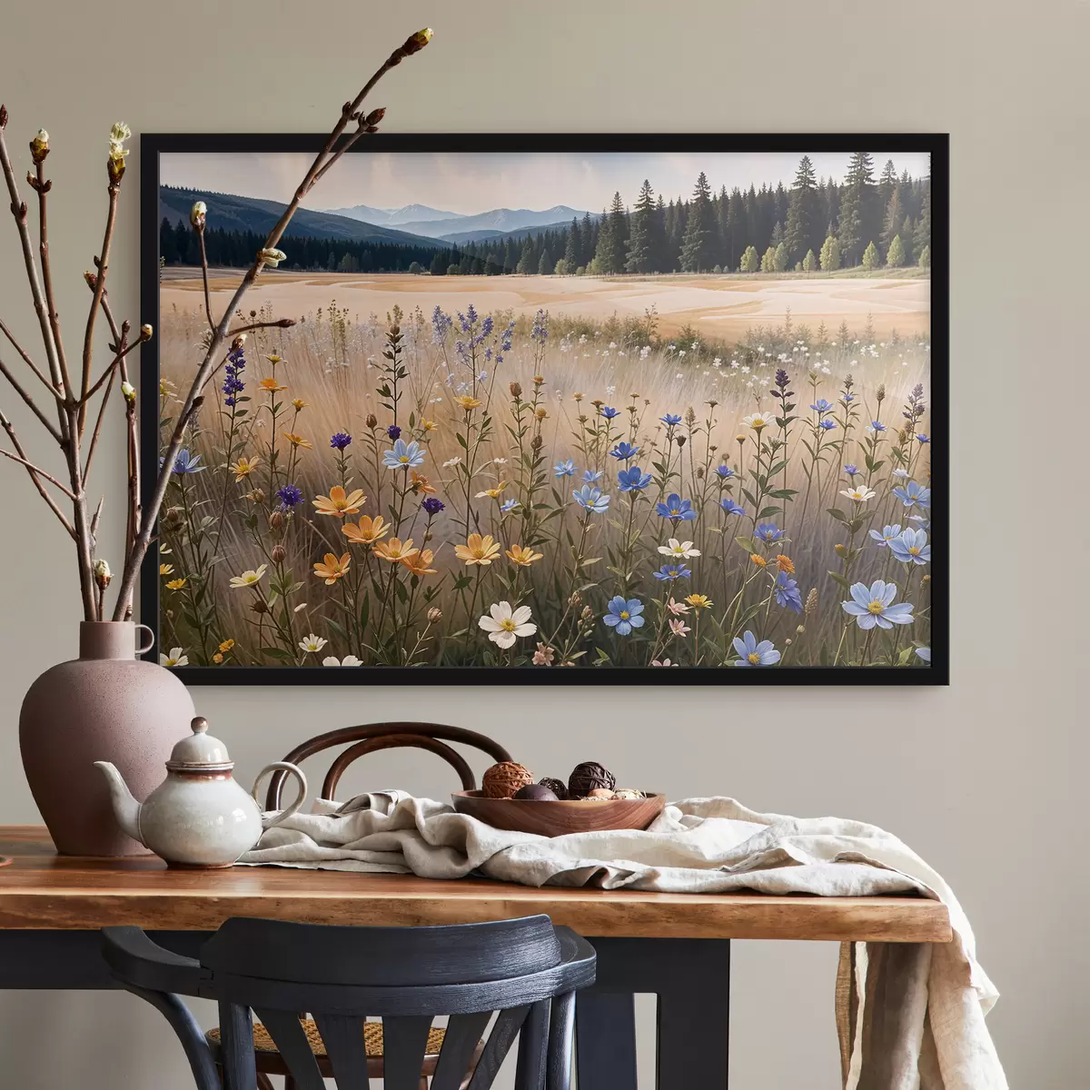 Affiche Un champ de fleurs sauvages colorées au premier plan, avec un lac et des montagnes en arrière-plan f39502