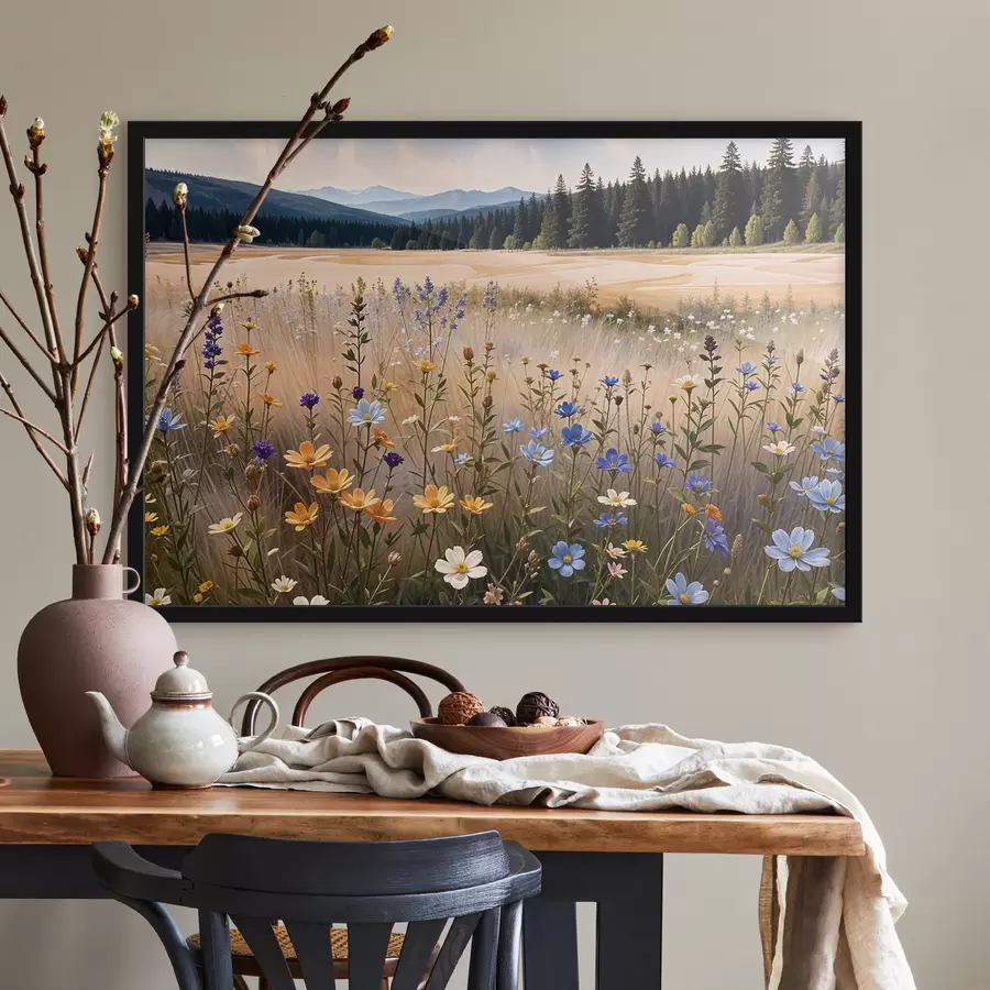 Papier peint photo Un champ de fleurs sauvages colorées au premier plan, avec un lac et des montagnes en arrière-plan f39502