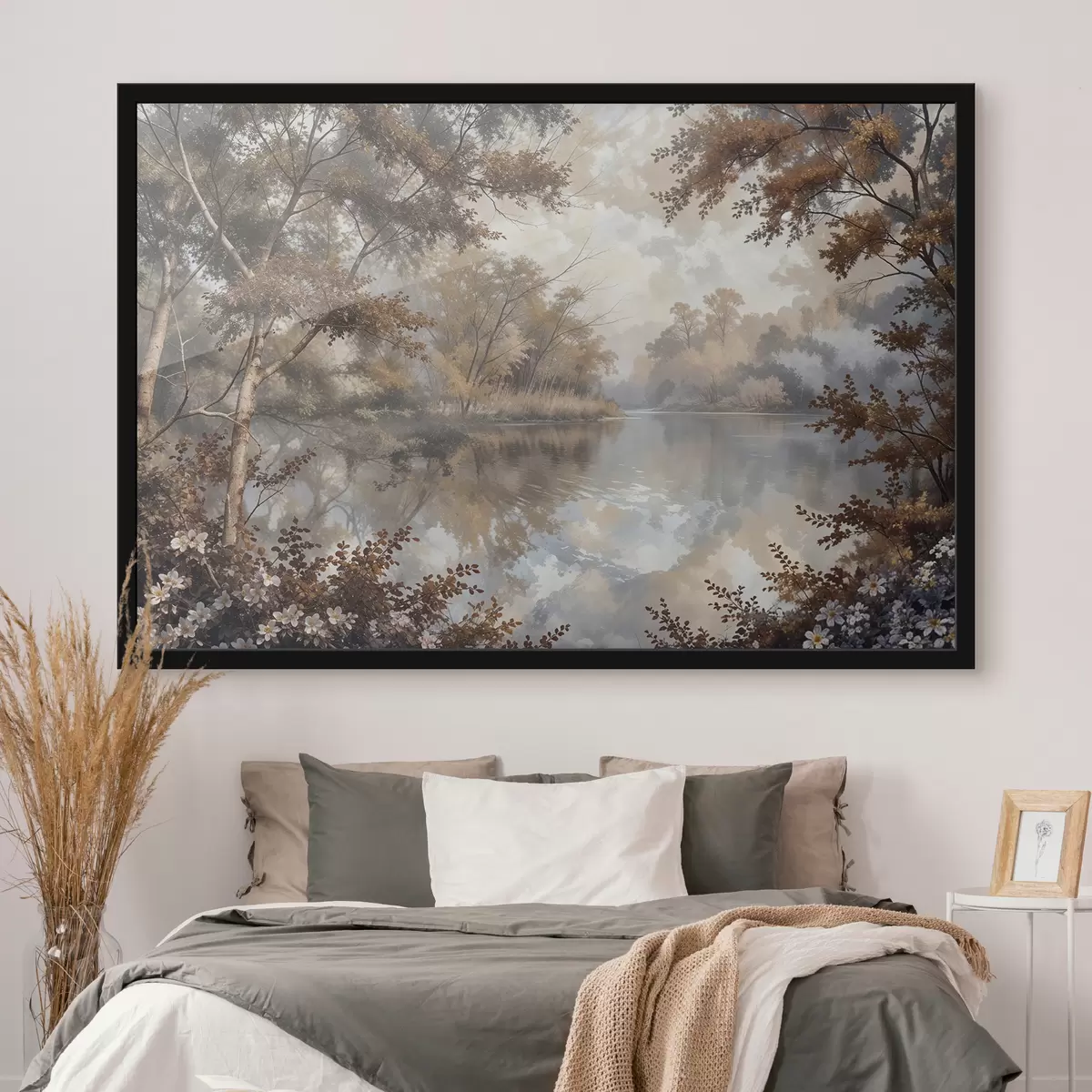 Affiche Paysage d'automne avec un lac calme entouré d'arbres au feuillage orange et jaune vif f39511