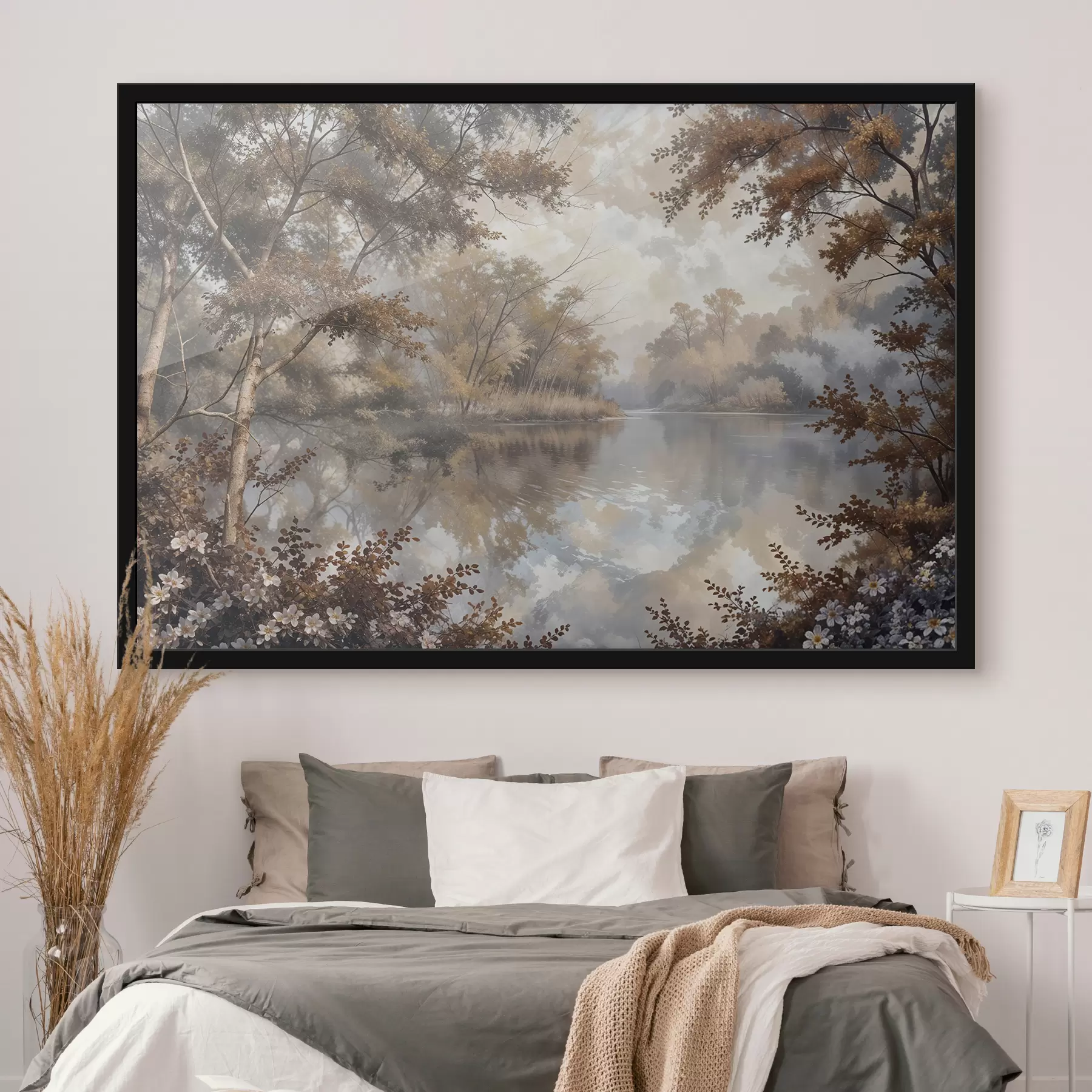 Fotobehang Herfstlandschap met een rustig meer omgeven door bomen met levendig oranje en geel blad f39511