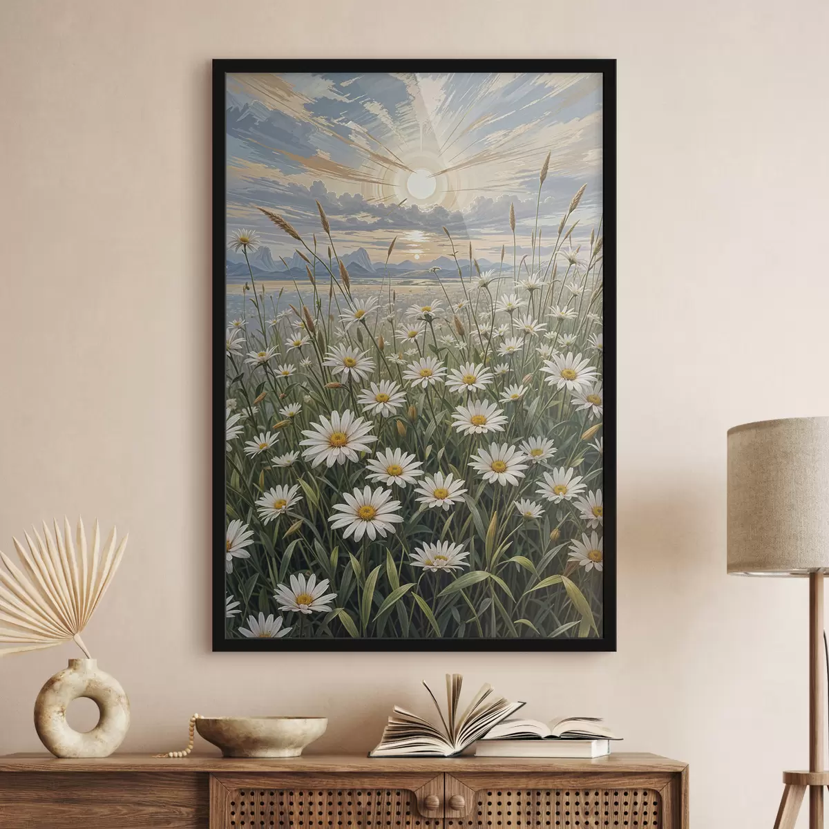 Poster Een veld met witte margrietbloemen op de voorgrond met een landschap van bergen en een bewolkte hemel f39528