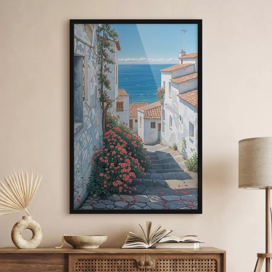 Papier peint photo Une rue étroite dans une ville côtière, avec des bâtiments blancs, des toits de tuiles rouges et des fleurs roses éclatantes f39532