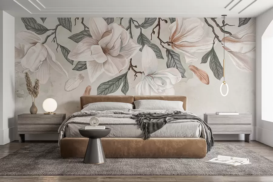 Fotobehang Fijne roze en witte magnoliabloemen met groene bladeren op een lichte achtergrond, een zachte, bloemige compositie w07977