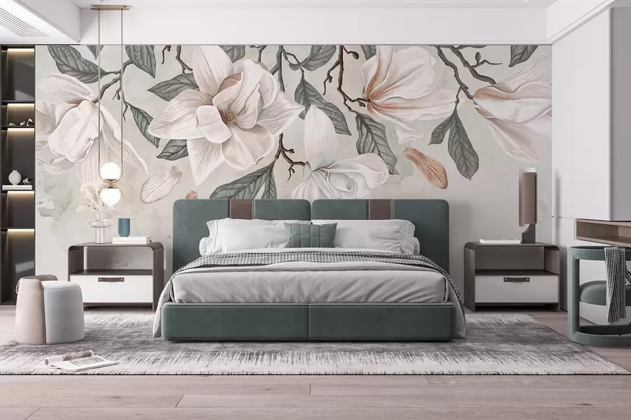 Fotobehang Fijne roze en witte magnoliabloemen met groene bladeren op een lichte achtergrond, een zachte, bloemige compositie w07977