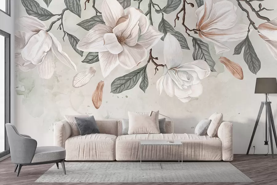 Fotobehang Fijne roze en witte magnoliabloemen met groene bladeren op een lichte achtergrond, een zachte, bloemige compositie w07977