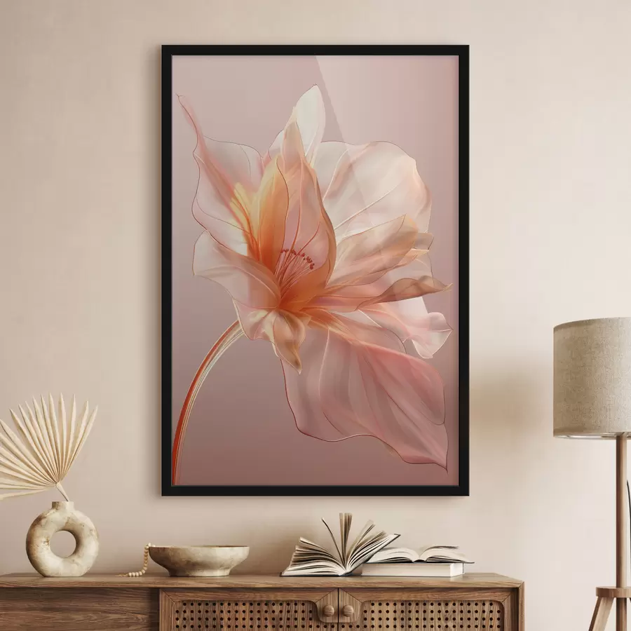 Fotobehang Perzikbloemblaadje op een roze achtergrond met vloeiende lijnen, minimalisme en delicate details f39631