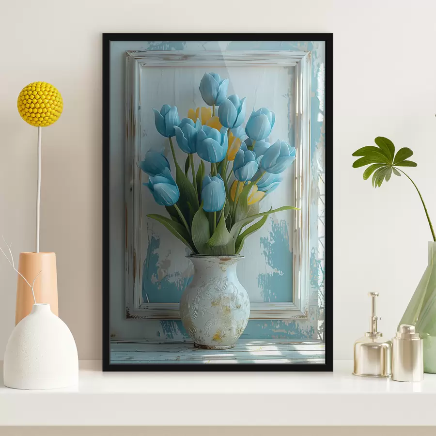  Schilderijen Blauwe en gele tulpen in 3D: elegante wandfoto met witte lijst, witte en lichtblauwe achtergrond en gegraveerde vaas f39636