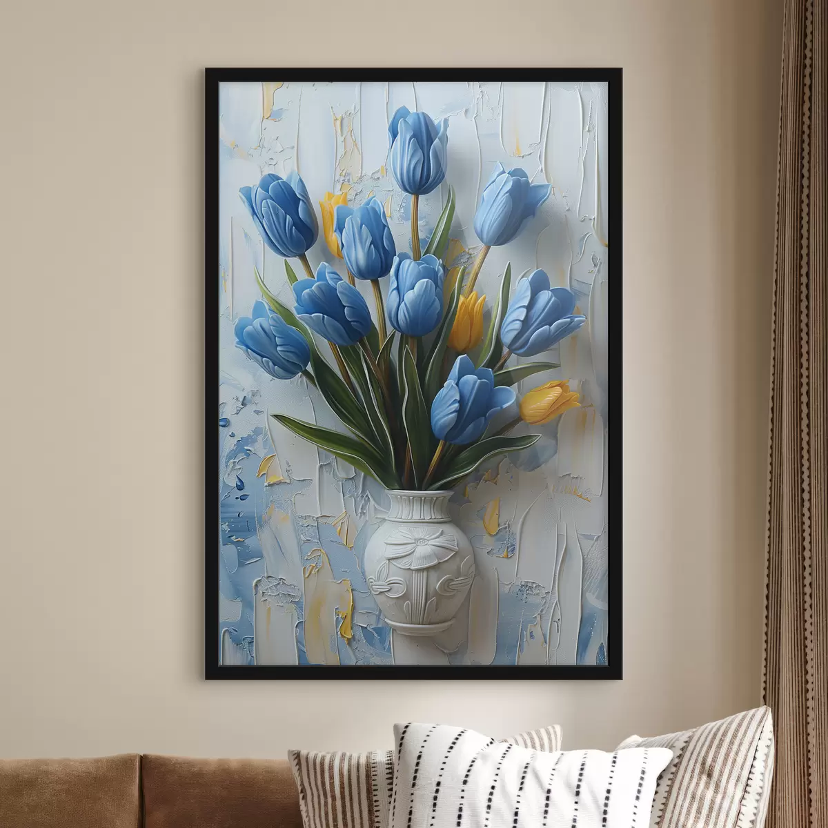 Affiche Tulipes bleues et jaunes en 3D : élégante peinture murale à l'huile avec fond blanc et bleu clair et vase gravé f39637