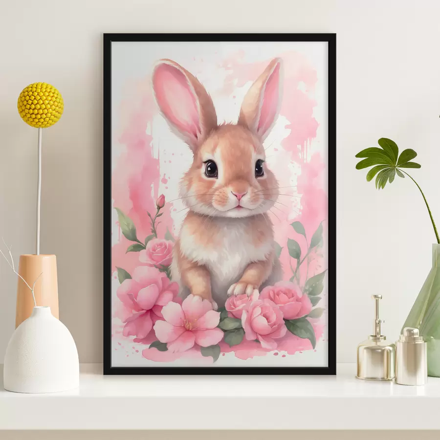 Fotobehang Schattige Haas in roze bloemen f39559