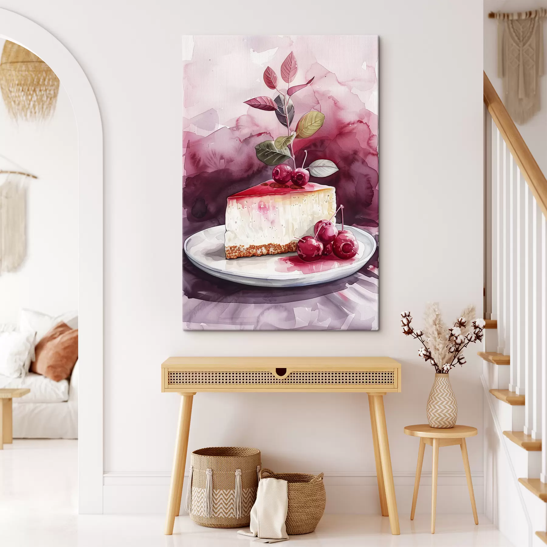 Schilderijen Waterverfcheesecake met kersen, elegante voedselkunst, rode en paarse kleuren s39700