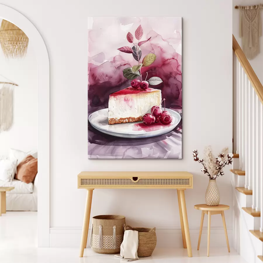  Peintures Cheesecake aquarelle aux cerises, art culinaire élégant, couleurs rouge et violet s39700