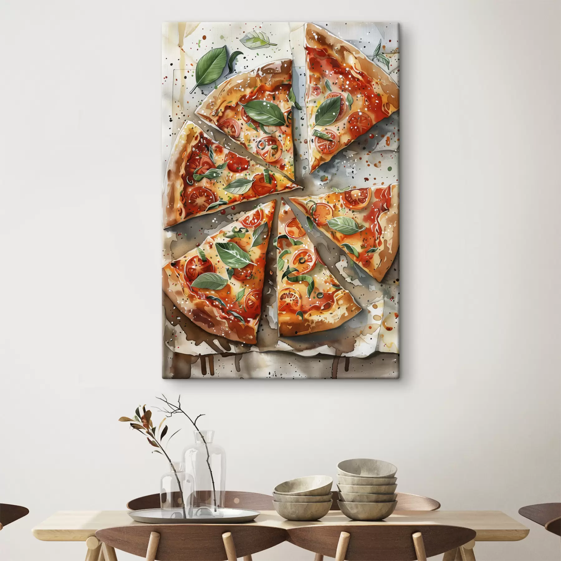 Fotobehang Heerlijke Italiaanse pizza, aquarelvoedselkunst, margarita, tomaten s39703